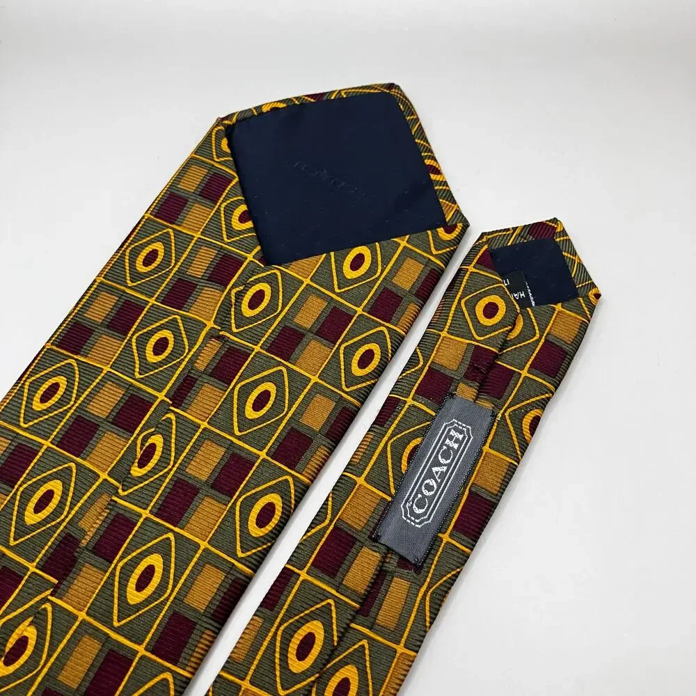 Coach Tie 60” x 3.75” 100% Italian Silk Green Red Yellow Geometric Preppy Career